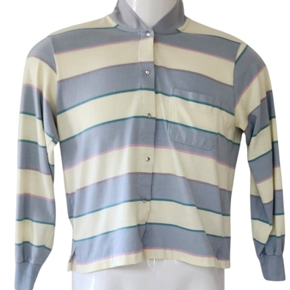 Ivy Sports White, Purple, Green, Pink Striped Blouse with snaps Women's Size LG